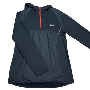 Asics Hoodie Mens Small Black Orange Long Sleeve Quarter Zip Running Performance